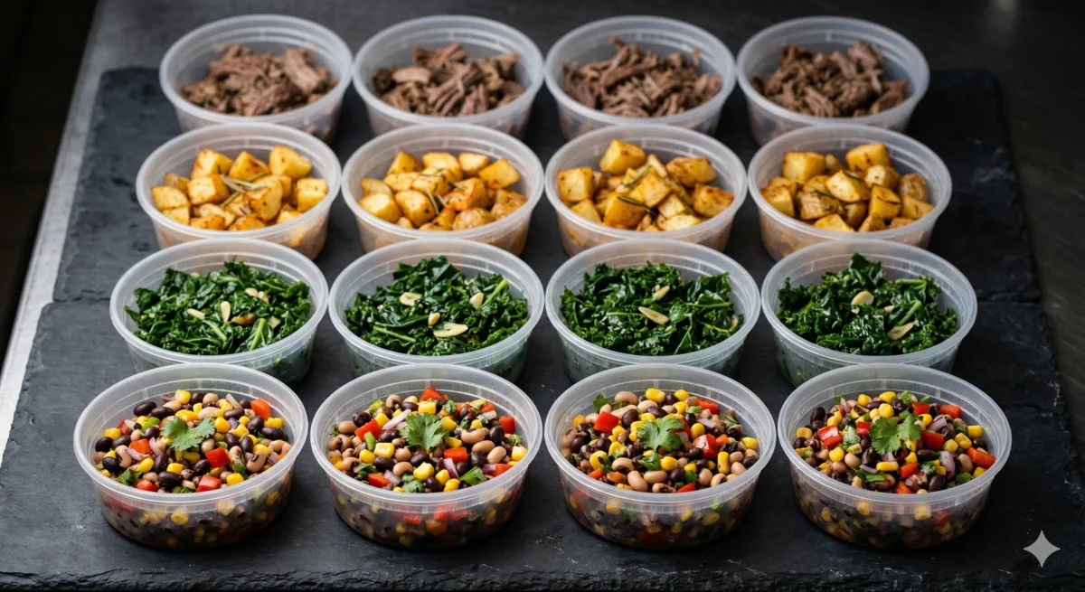 Batch-cooked meals in containers on a dark surface