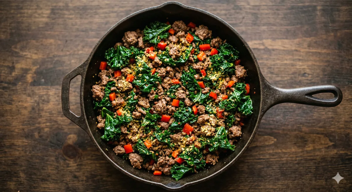 Cast Iron Beef, Kale, and Sweet Pepper Skillet (380 Cal, 34g Protein)