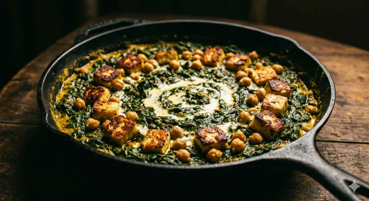 Cast Iron Spinach and Chickpea Curry with Paneer (570 Cal, 36g Protein)