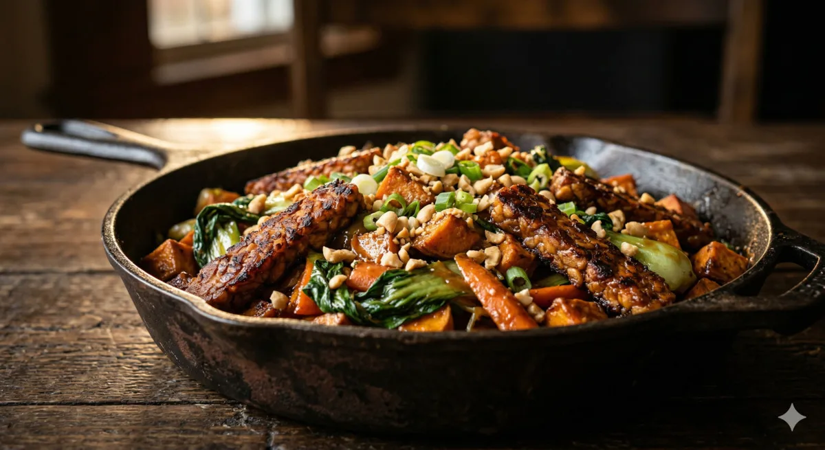 Cast Iron Tempeh Stir-Fry with Sweet Potato and Peanut Sauce (560 Cal, 42g Protein)