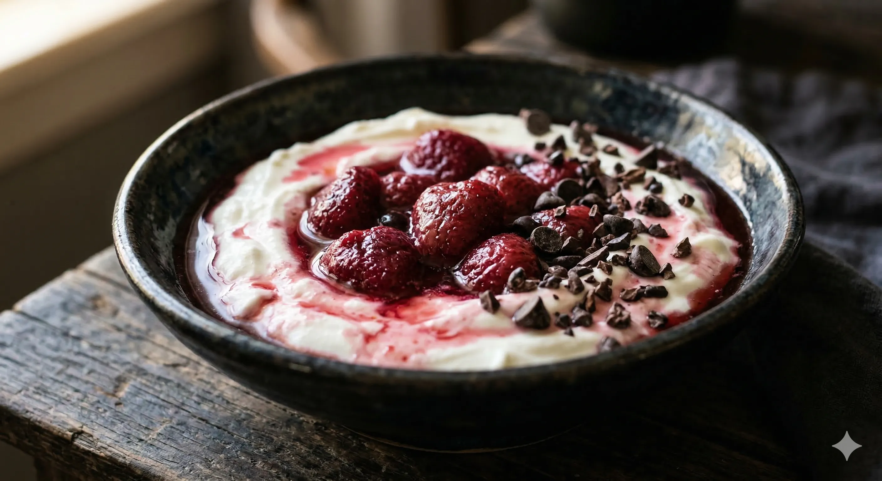 Greek yogurt bowl topped with thawed strawberries and dark chocolate chips