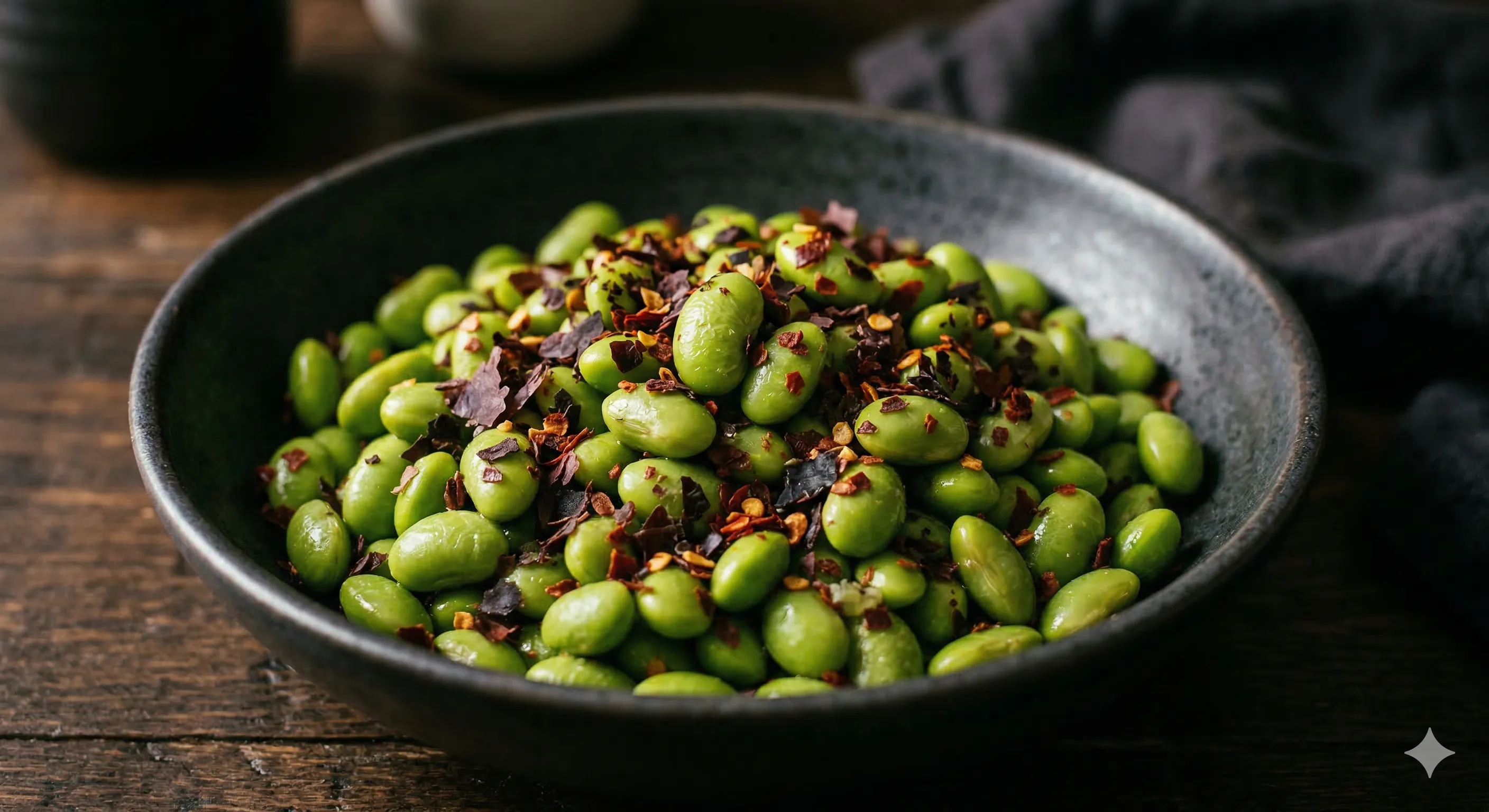 Shelled edamame in a bowl with dulse flakes and chili