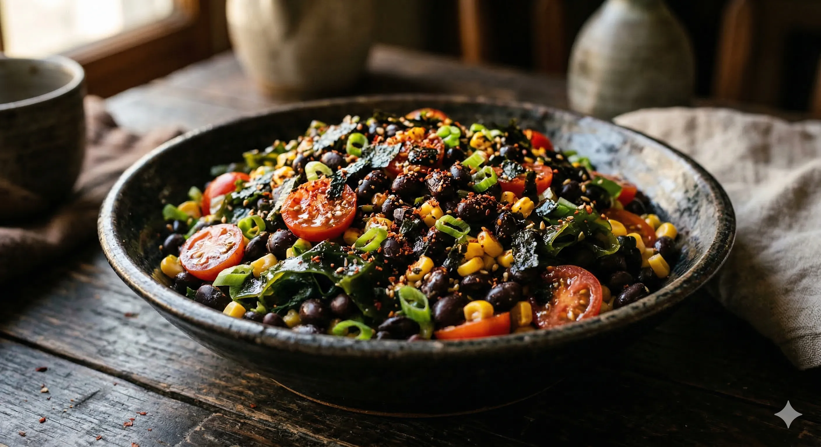 Bowl of kimchi-style cowboy caviar with crumbled nori on top