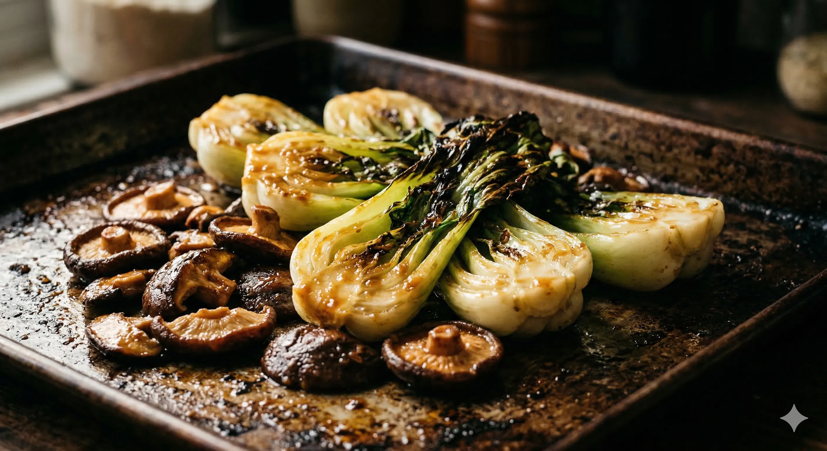 Miso-glazed bok choy halves and shiitake mushrooms on a sheet pan