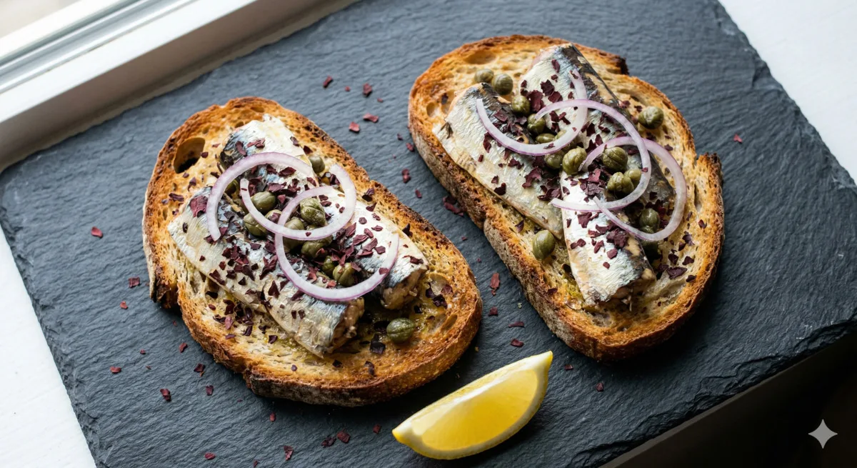 Sardine Toast with Dulse, Lemon, and Capers (350 Cal, 32g Protein)