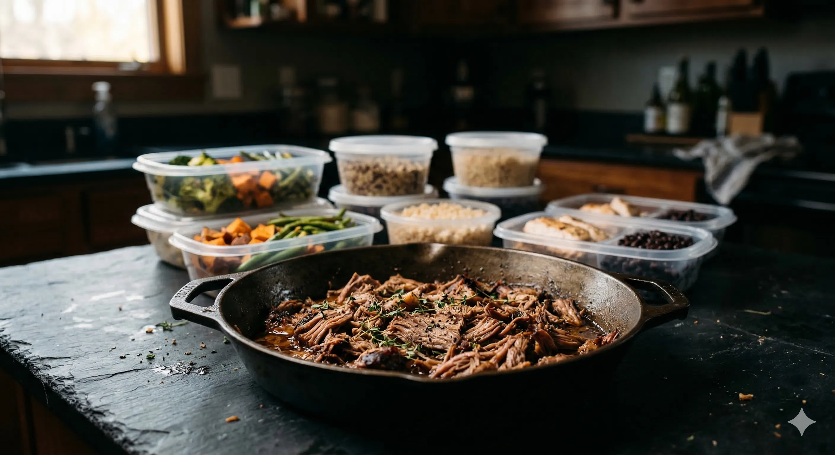 Cast iron skillet and meal prep containers on a kitchen counter