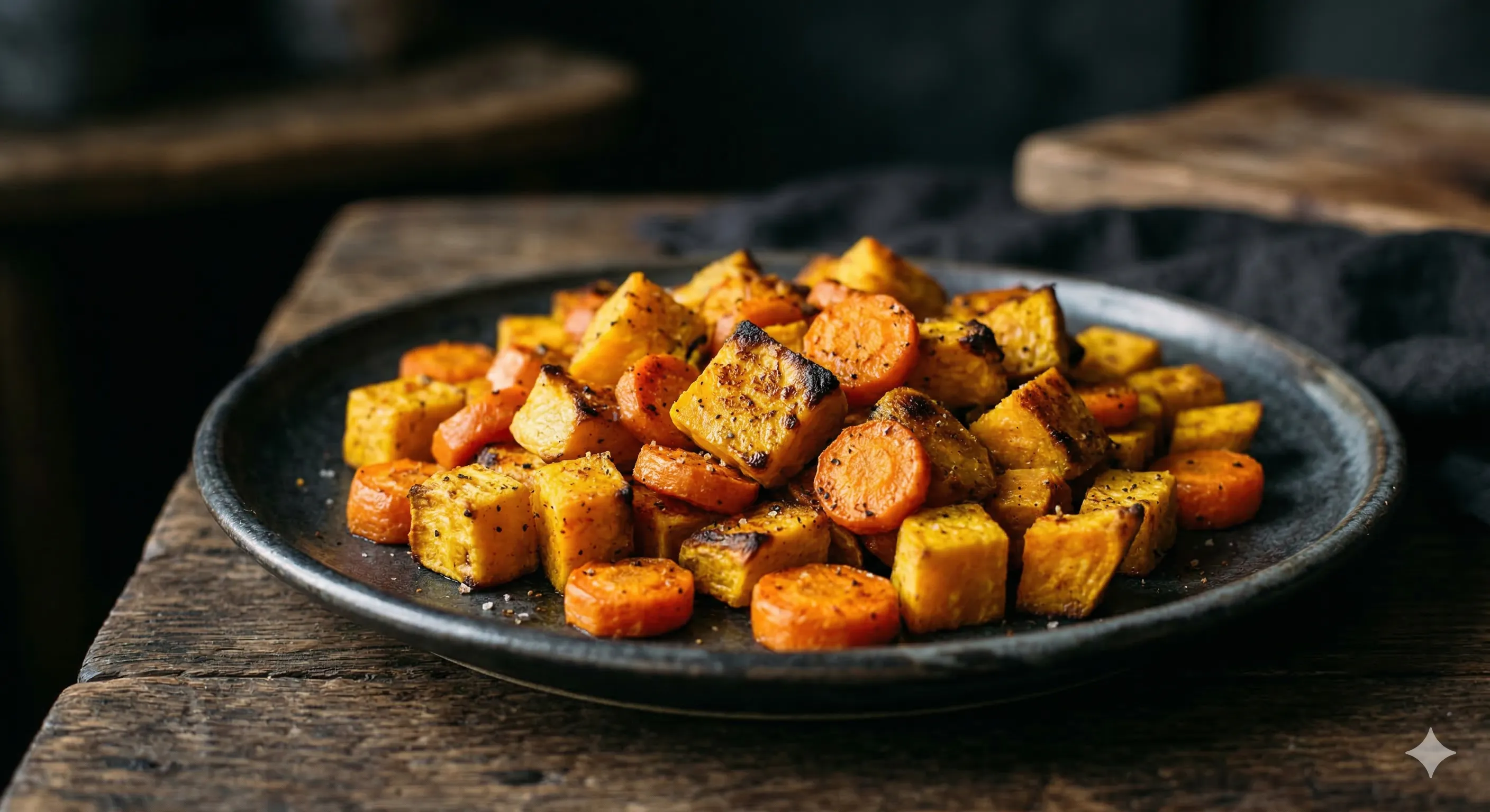 Turmeric sweet potato cubes and carrot coins in an air fryer basket
