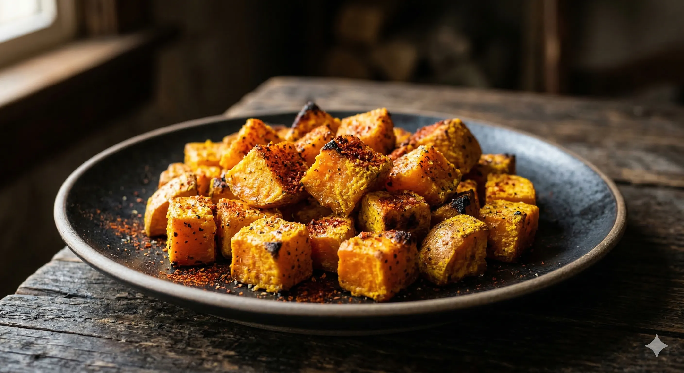 Turmeric-dusted sweet potato cubes in an air fryer basket